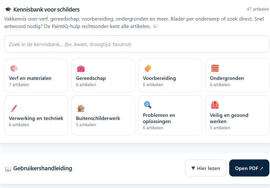 De kennisbank in PaintIQ met een zoekbalk en acht onderwerpen